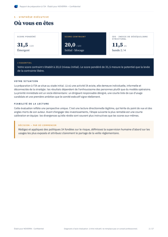 Page de synthèse : les deux scores, l'indice de déséquilibre et la première décision.